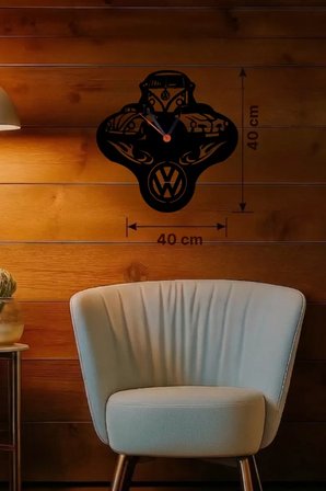 Vosvos ve Retro Araba Temalı Ahşap Duvar Saati - 40x40 cm Lazer Kesim
