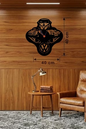 Vosvos ve Retro Araba Temalı Ahşap Duvar Saati - 40x40 cm Lazer Kesim