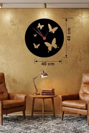 Uçuşan Kelebekler Tasarım Ahşap Duvar Saati - 40x40 cm Dekoratif