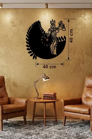 Adalet Tanrıçası Themis Tasarım Ahşap Duvar Saati - 40x40 cm Avukat Hediyesi