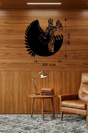 Adalet Tanrıçası Themis Tasarım Ahşap Duvar Saati - 40x40 cm Avukat Hediyesi