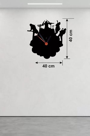 Rock Band ve Müzik Temalı Ahşap Duvar Saati - 40x40 cm Lazer Kesim
