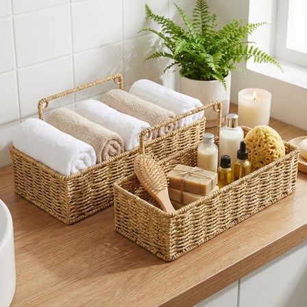 2’li Duvar Askılı Plastik Rattan Organizer – Dikdörtgen Hasır Görünümlü Mutfak Raf Sepeti, Banyo ve 