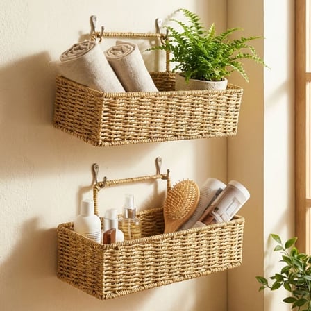 2’li Duvar Askılı Plastik Rattan Organizer – Dikdörtgen Hasır Görünümlü Mutfak Raf Sepeti, Banyo ve 