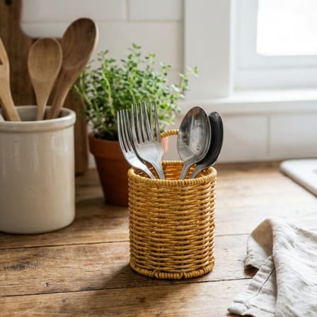 Yuvarlak Hasır Dokulu Plastik Rattan Kaşıklık &amp; Çatallık – Askılı Kendiliğinden Tutmalı Çok Amaç