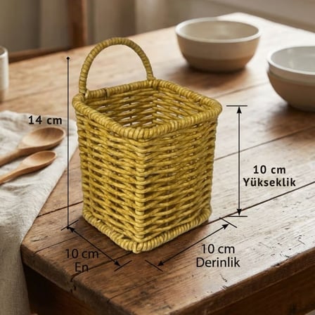 Kare Hasır Dokulu Plastik Rattan Kaşıklık &amp; Çatallık – Askılı Kendiliğinden Tutmalı Çok Amaçlı M