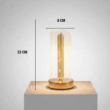 Dalgalı Silindirik Kristal Çizgili Model LED Masa Lambası – Gold Tabanlı, Dokunmatik, 3 Renk Işık Mo