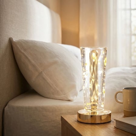 Silindirik Kristal Altın Toz Model LED Masa Lambası – Gold Tabanlı, Dokunmatik, 3 Renk Işık Modlu, Ş