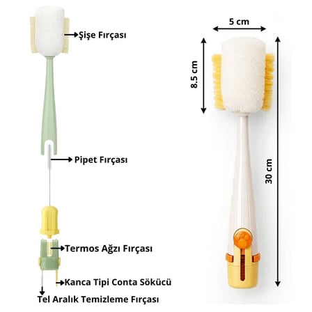 5’i 1 Arada Çok Amaçlı Şişe Temizleme Fırçası – Sürahi, Kavanoz, Pipet, Kapak, Emzik ve Biberon Temi