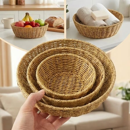 3’lü Plastik Rattan Çanak Seti – Hasır Görünümlü İç İçe Geçebilen Sunum ve Düzenleme Kaseleri, Mutfa