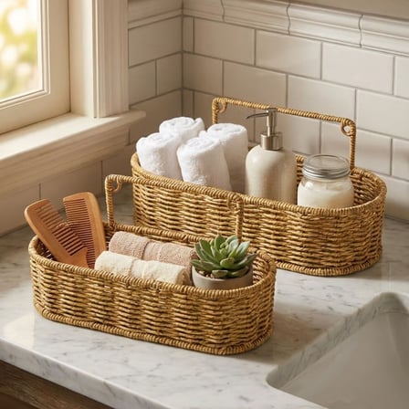 2’li Duvar Askılı Plastik Rattan Organizer – Oval Hasır Görünümlü Mutfak Raf Sepeti, Banyo ve Ev İçi