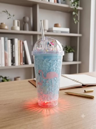 Işıklı Unicorn ve Flamingo Desenli Çift Katmanlı Jel Buzlu Pipetli Bardak - 450ml - Renk Değiştiren 