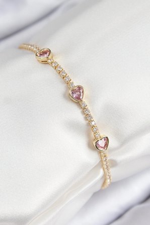 Pirinç Zirkon Taşlı Pembe Kalp Model Gold Renk Kadın Bileklik