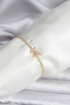Kelebek Model Zirkon Taşlı Gold Renk Pirinç Su Yolu Kadın Bileklik