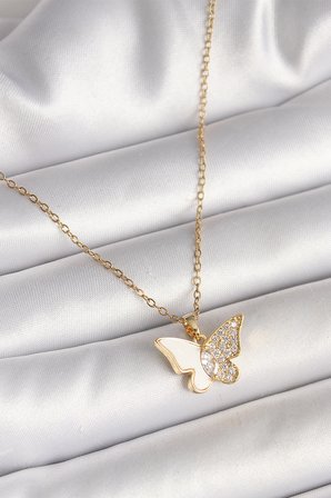 316L Çelik Gold Renk Zincir Zirkon Taşlı Beyaz Mineli Kelebek Model Kadın Kolye