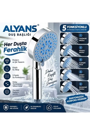 Alyans Duş Başlığı 5 Fonksiyonlu El Duşu Başlığı Tasarruflu Su Akışlı Banyo Duş Başlığı