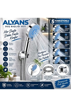 Alyans 5 Fonksiyonlu Duş Seti Duş Başlığı 1.5 Metre Çelik Hortum Mafsal Banyo Duş Seti