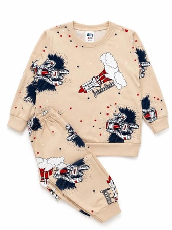  Erkek Çocuk Pamuklu Bej Rengi Uzay Füze Desenli Uzun Kollu Mevsimlik Pijama Takımı