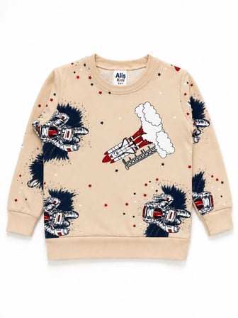  Erkek Çocuk Pamuklu Bej Rengi Uzay Füze Desenli Uzun Kollu Mevsimlik Pijama Takımı