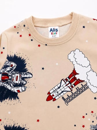  Erkek Çocuk Pamuklu Bej Rengi Uzay Füze Desenli Uzun Kollu Mevsimlik Pijama Takımı