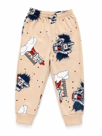 Erkek Çocuk Pamuklu Bej Rengi Uzay Füze Desenli Uzun Kollu Mevsimlik Pijama Takımı