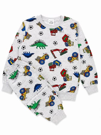  Erkek Çocuk Pamuklu Gri İş Makinesi Top Desenli Uzun Kollu Mevsimlik Pijama Takımı