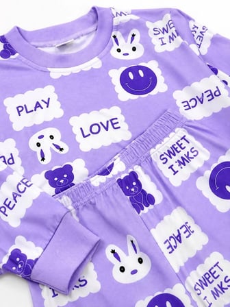 Kız Çocuk Pamuklu Mevsimlik Lila Renk Tavşan Desenli Uzun Kollu Pijama Takımı