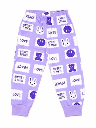 Kız Çocuk Pamuklu Mevsimlik Lila Renk Tavşan Desenli Uzun Kollu Pijama Takımı