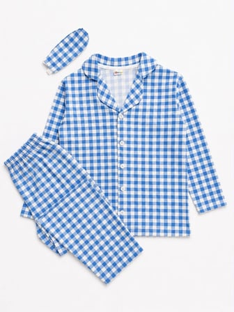 Erkek Çocuk Süet Kumaş Mavi Piti Kareli Gömlek Yaka Düğmeli Uzun Kollu Kışlık Pijama Takımı