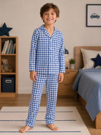 Erkek Çocuk Süet Kumaş Mavi Piti Kareli Gömlek Yaka Düğmeli Uzun Kollu Kışlık Pijama Takımı