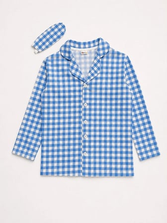 Erkek Çocuk Süet Kumaş Mavi Piti Kareli Gömlek Yaka Düğmeli Uzun Kollu Kışlık Pijama Takımı