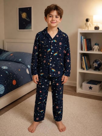 Erkek Çocuk Süet Kumaş Lacivert Uzay Gezegen Desenli Gömlek Yaka Düğmeli Kışlık Pijama Takımı