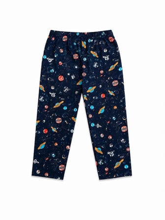 Erkek Çocuk Süet Kumaş Lacivert Uzay Gezegen Desenli Gömlek Yaka Düğmeli Kışlık Pijama Takımı