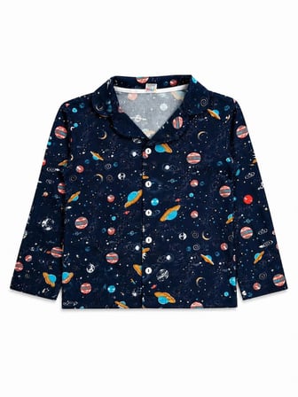 Erkek Çocuk Süet Kumaş Lacivert Uzay Gezegen Desenli Gömlek Yaka Düğmeli Kışlık Pijama Takımı