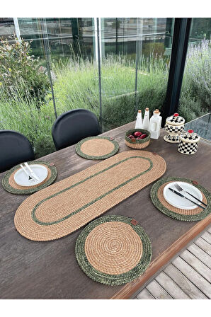 Doğal İp - Leke Tutmaz 6’lı Masa Takımı | 4 Amerikan Servis, 1 Runner, 1 Sepet - Şık Sofra Seti