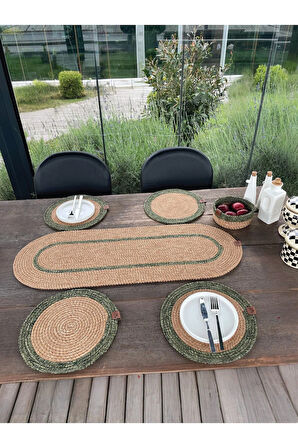 Doğal İp - Leke Tutmaz 6’lı Masa Takımı | 4 Amerikan Servis, 1 Runner, 1 Sepet - Şık Sofra Seti
