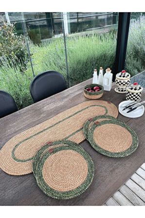 Doğal İp - Leke Tutmaz 6’lı Masa Takımı | 4 Amerikan Servis, 1 Runner, 1 Sepet - Şık Sofra Seti