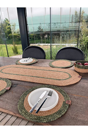 Doğal İp - Leke Tutmaz 6’lı Masa Takımı | 4 Amerikan Servis, 1 Runner, 1 Sepet - Şık Sofra Seti
