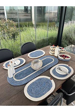 Doğal İp - Leke Tutmaz 6’lı Masa Takımı | 4 Amerikan Servis, 1 Runner, 1 Sepet - Şık Sofra Seti