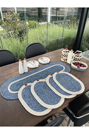 Doğal İp - Leke Tutmaz 6’lı Masa Takımı | 4 Amerikan Servis, 1 Runner, 1 Sepet - Şık Sofra Seti