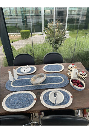 Doğal İp - Leke Tutmaz 6’lı Masa Takımı | 4 Amerikan Servis, 1 Runner, 1 Sepet - Şık Sofra Seti