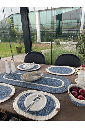 Doğal İp - Leke Tutmaz 6’lı Masa Takımı | 4 Amerikan Servis, 1 Runner, 1 Sepet - Şık Sofra Seti