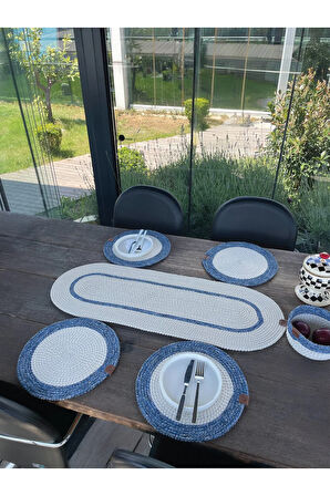 Doğal İp - Leke Tutmaz 6’lı Masa Takımı | 4 Amerikan Servis, 1 Runner, 1 Sepet - Şık Sofra Seti