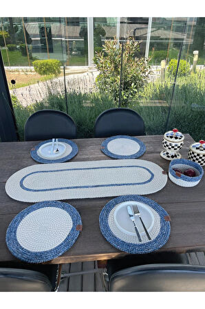Doğal İp - Leke Tutmaz 6’lı Masa Takımı | 4 Amerikan Servis, 1 Runner, 1 Sepet - Şık Sofra Seti