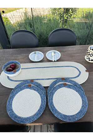 Doğal İp - Leke Tutmaz 6’lı Masa Takımı | 4 Amerikan Servis, 1 Runner, 1 Sepet - Şık Sofra Seti