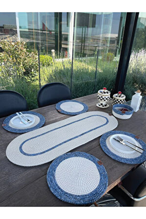 Doğal İp - Leke Tutmaz 6’lı Masa Takımı | 4 Amerikan Servis, 1 Runner, 1 Sepet - Şık Sofra Seti