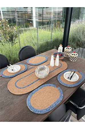 Doğal İp - Leke Tutmaz 6’lı Masa Takımı | 4 Amerikan Servis, 1 Runner, 1 Sepet - Şık Sofra Seti