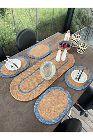 Doğal İp - Leke Tutmaz 6’lı Masa Takımı | 4 Amerikan Servis, 1 Runner, 1 Sepet - Şık Sofra Seti