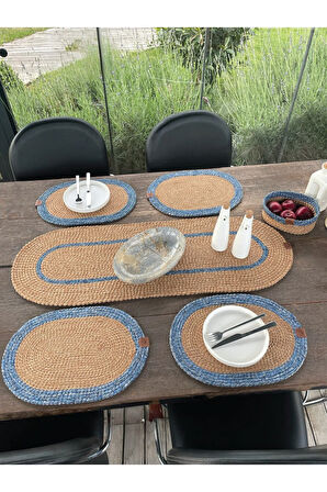 Doğal İp - Leke Tutmaz 6’lı Masa Takımı | 4 Amerikan Servis, 1 Runner, 1 Sepet - Şık Sofra Seti