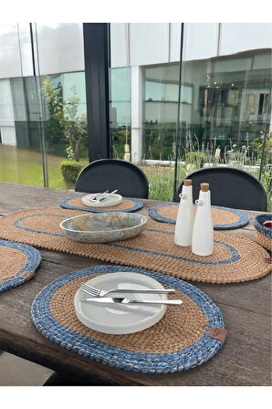 Doğal İp - Leke Tutmaz 6’lı Masa Takımı | 4 Amerikan Servis, 1 Runner, 1 Sepet - Şık Sofra Seti